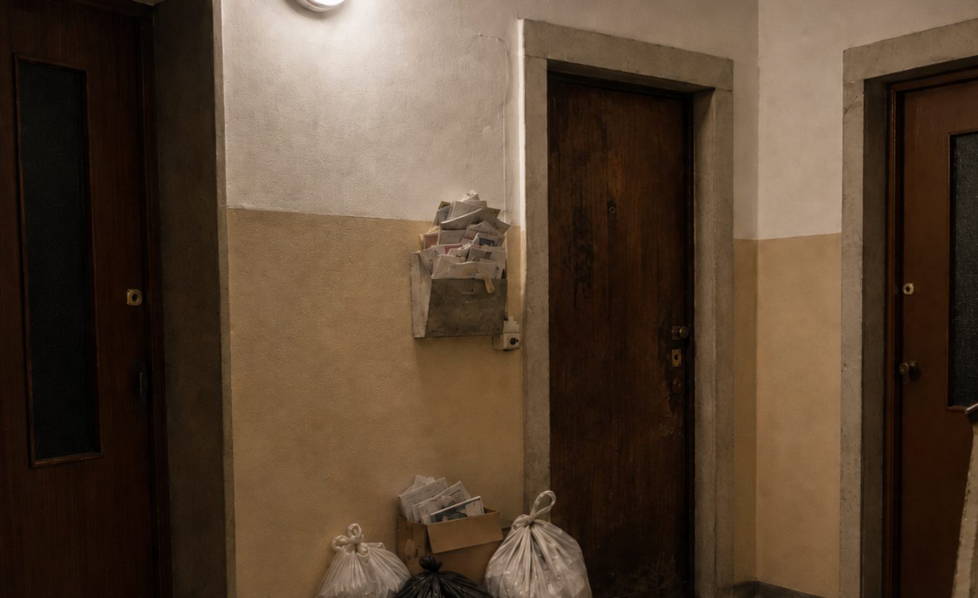 Pianerottolo di condominio con posta accumulata e sacchetti davanti a una porta chiusa