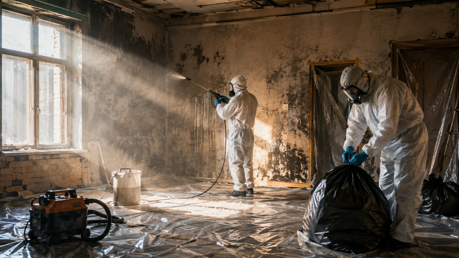 Operatori Ekonore con tuta e DPI durante la decontaminazione di un ambiente dopo un decesso