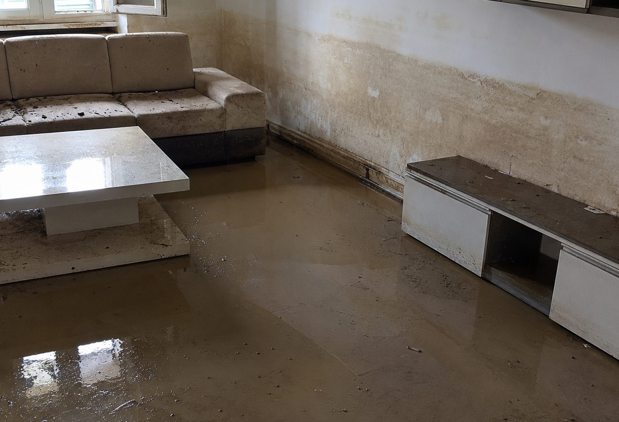 Soggiorno allagato con acqua e arredi danneggiati