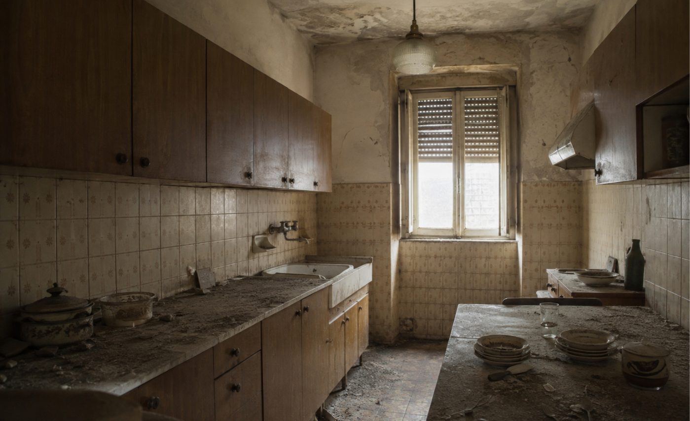 Cucina di un appartamento disabitato da anni, coperta da polvere e sporco stratificato