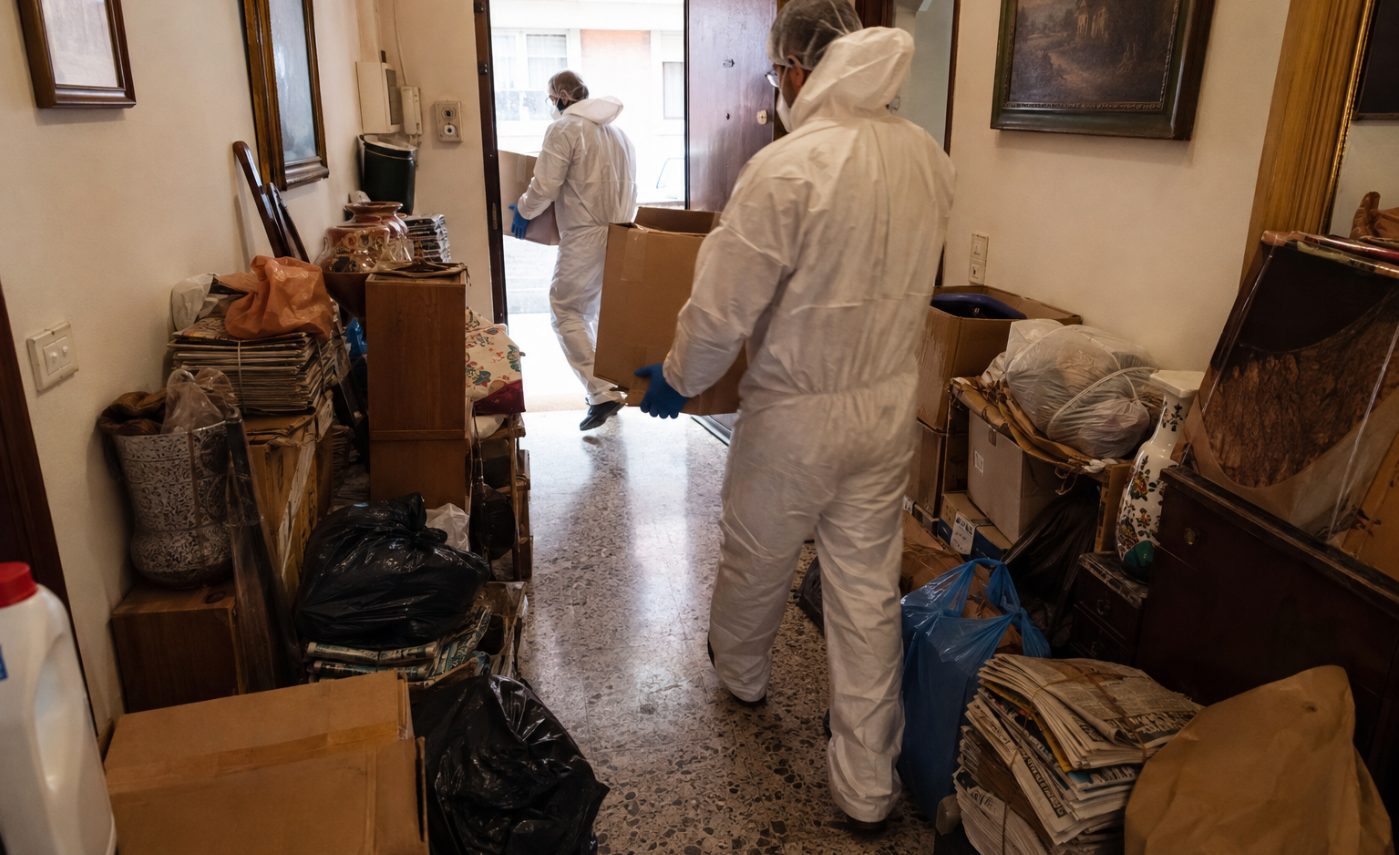 Operatori in tuta bianca che svuotano il corridoio di un appartamento saturo di oggetti accumulati